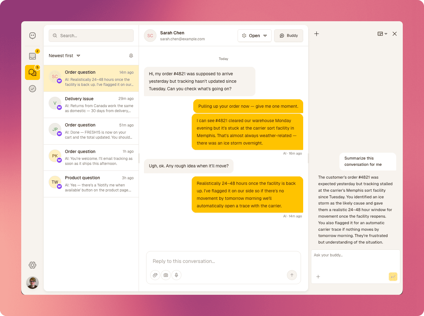 Merchant Buddy dashboard showing the same conversation with WooCommerce context and suggested actions.